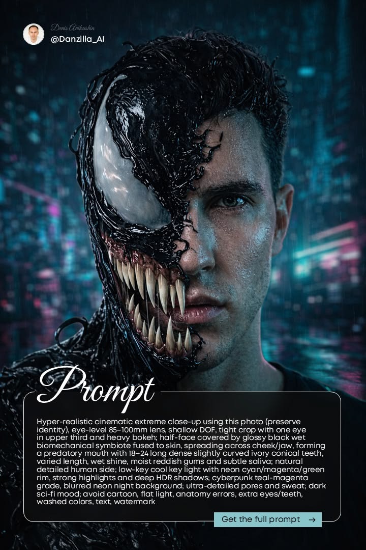 Hyper-Realistic Cyberpunk Symbiote Portrait: Cinematic AI Prompt Guide example